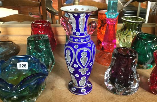 Bohemian blue overlaid glass vase (damaged) and other coloured glassware in Murano, etc.